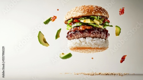 Asian fusion burger floating in the air, rice bun, teriyaki sauce, avocado, generative ai
