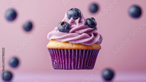 Blueberry Cupcake with Levitating Frosting generative ai