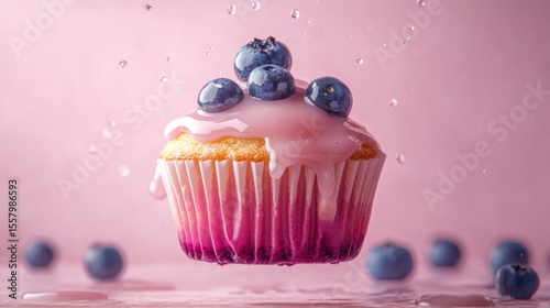 Blueberry Cupcake with Levitating Frosting generative ai