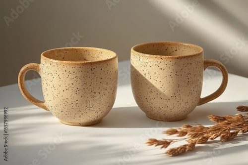 Two speckled beige ceramic mugs placed on a white surface with natural sunlight and dried wheat stalks beside them creating a warm and cozy atmosphere