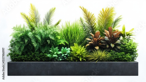 vibrant indoor planter with a variety of lush green and yellow tropical plants in a sleek rectangular black container, evoking freshness and natural beauty