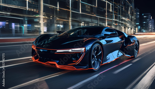 Sleek black electric sports car speeding through a city at night