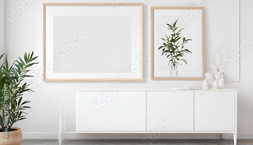 Modern white cabinet with framed prints and plants