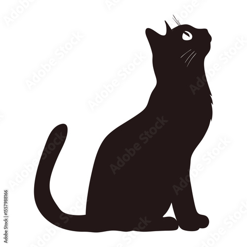 Elegant Feline Silhouette A Black Cat Gazing Upwards with Graceful Posture Captured in Striking Vector Art