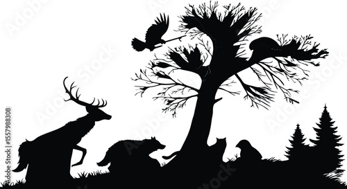 Majestic Wildlife Silhouettes Deer, Bear, and Birds in a Winter Forest Scene