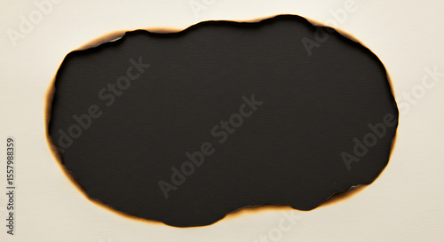 A burnt hole in a light-colored surface, revealing a dark void underneath.