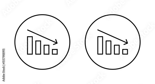 Decline bar chart with downward trend arrow icon. Decrease, loss, and financial drop symbol on circle line