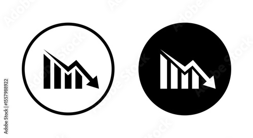 Business decline bar chart icon. Decrease, loss, and financial collapse sign symbol on black circle