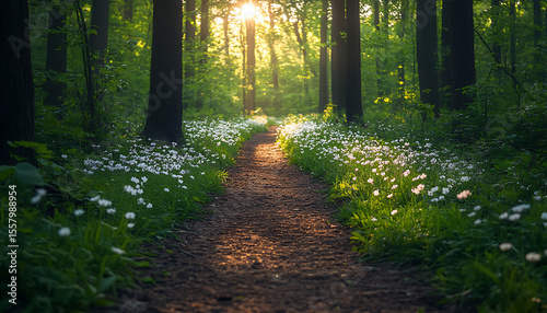 spring forest trail lined with blooming wildflowers and fresh green leaves, birdsong and filtered golden light