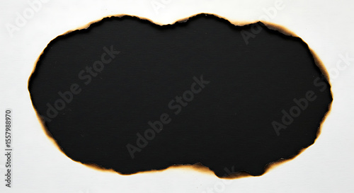 Burned hole in white paper with charred edges, revealing a dark void.