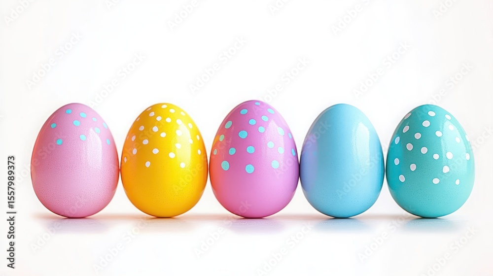 Five colorful speckled eggs in pastel shades lined up in a row on a white background creating a bright cheerful scene Five colorful speckled eggs in pastel shades lined up in a row on a white background creating a bright cheerful scene