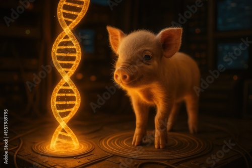 DNA creation of a piglet with glowing DNA strand, showcasing genetic research and bioengineering. Great for agriculture or biotechnological use.

