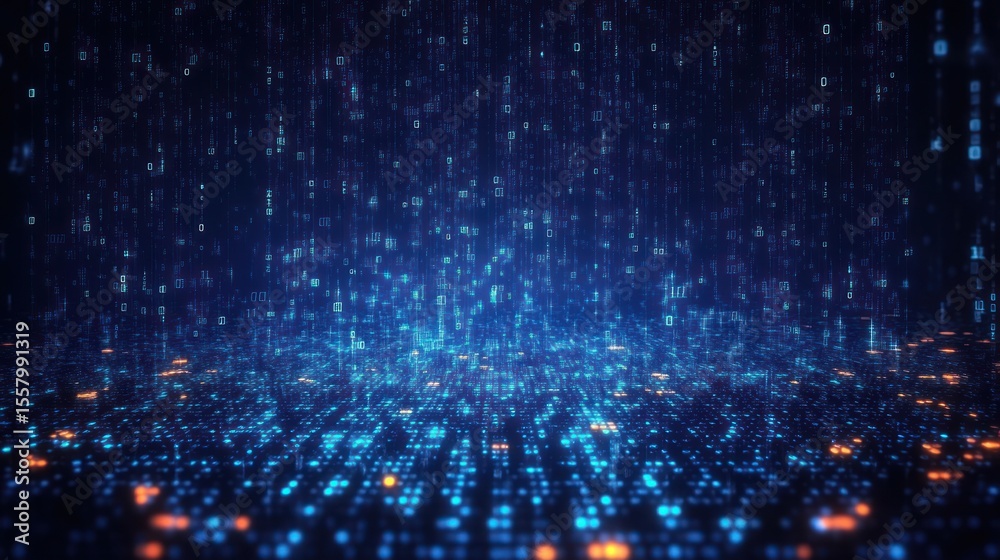 Fototapeta premium Abstract digital data streams with glowing blue and orange binary code cascading in a dark virtual environment, evoking futuristic technology and information flow