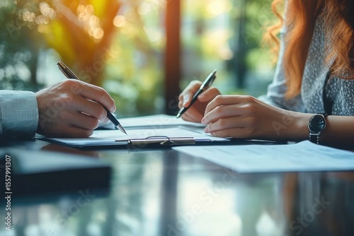 Two people collaborating and signing documents on a table in a bright office with natural green background