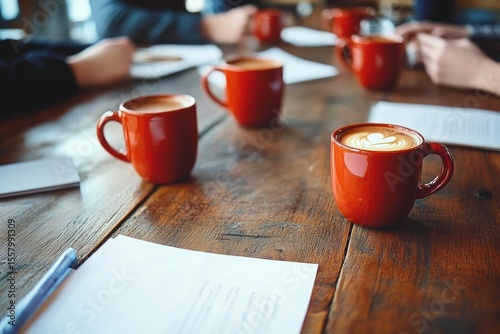 Wallpaper Mural Multiple people sitting around a rustic wooden table with red coffee mugs and papers, suggesting a casual meeting or discussion atmosphere Torontodigital.ca