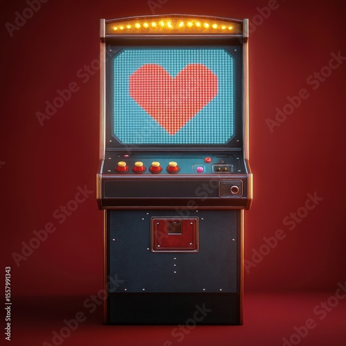 Wallpaper Mural Retro arcade game machine with a pixelated red heart displayed on the blue screen and illuminated top marquee on a dark red background evoking nostalgia and warmth Torontodigital.ca