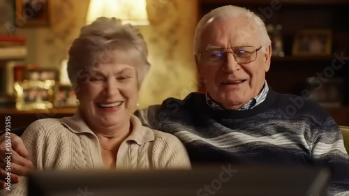 Elderly couple enjoying a joyful moment while watching something on a television in their cozy living room