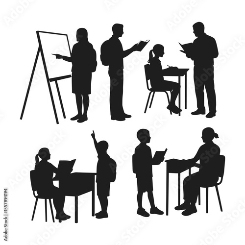 School Classroom Silhouette of Students and Teachers Learning and Teaching .

