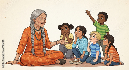 Peaceful woman in orange robe with multiethnic children, unity and compassion illustration

