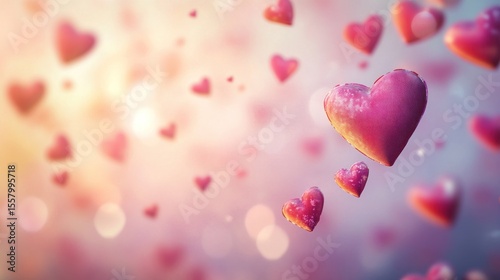Pink hearts float in soft, warm light