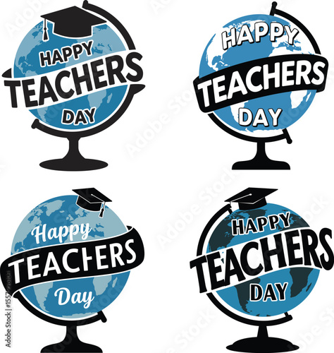 Happy Teachers Day Globe Vector Illustration with Graduation Cap and World Map .

