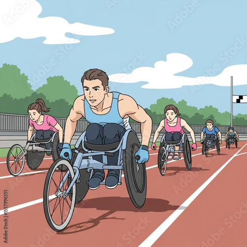 Men competing in wheelchair race on stadium track, action sports illustration

