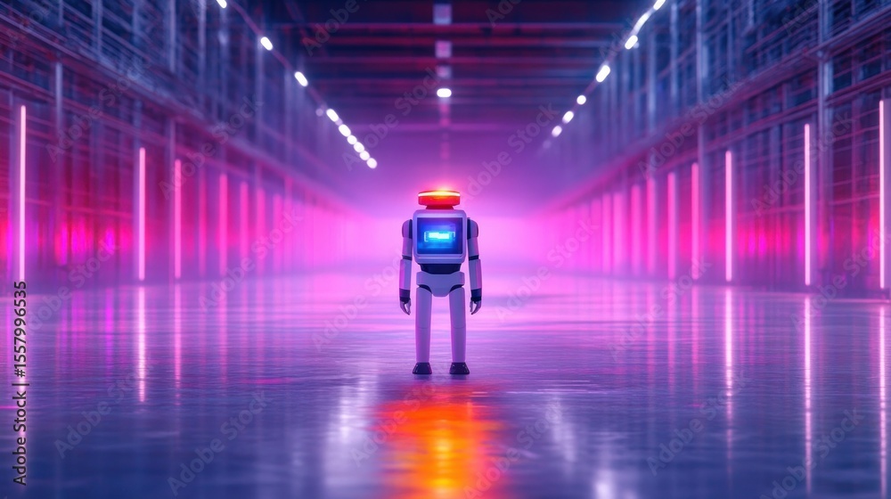 Fototapeta premium Lonely robot standing in a large futuristic corridor with glowing purple and pink neon lights creating a surreal and mysterious atmosphere