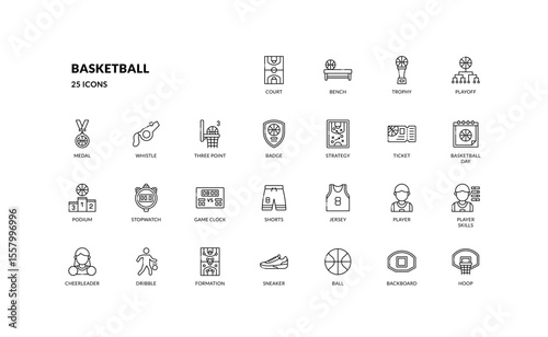 Basketball Icon Set in Outline Style