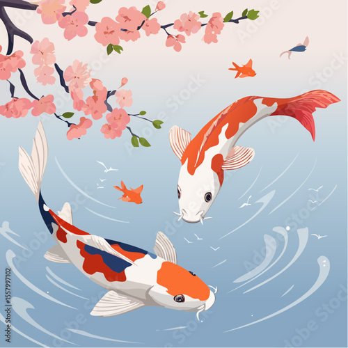 Vector art of koi fish swimming peacefully in a pond surrounded by sakura flowers in full bloom, with gentle flowing water