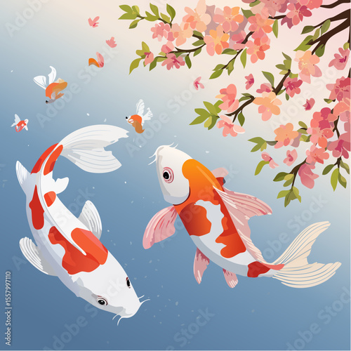 Vector art of koi fish swimming peacefully in a pond surrounded by sakura flowers in full bloom, with gentle flowing water