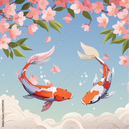 Vector art of koi fish swimming peacefully in a pond surrounded by sakura flowers in full bloom, with gentle flowing water