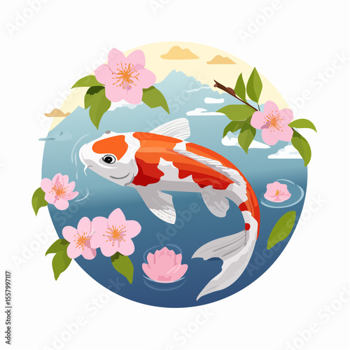 Koi fish in a tranquil pond with sakura blossoms floating on the water, traditional Japanese style