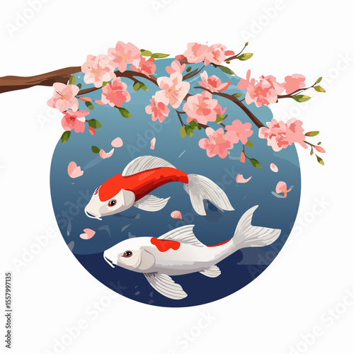 Koi fish in a tranquil pond with sakura blossoms floating on the water, traditional Japanese style