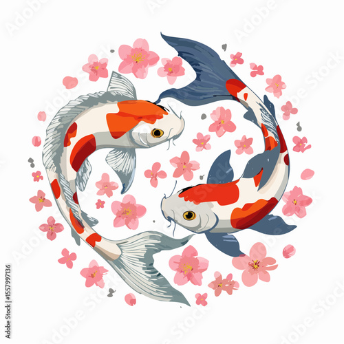 Pair of koi fish swimming gracefully around sakura blossoms, vibrant colors of red and pink, in celebration of Japanese New Year