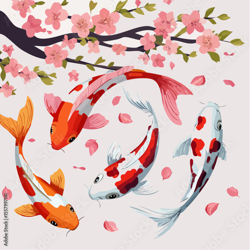 Pair of koi fish swimming gracefully around sakura blossoms, vibrant colors of red and pink, in celebration of Japanese New Year