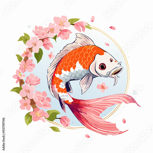 Elegant koi fish with long flowing fins swimming beneath a canopy of sakura flowers