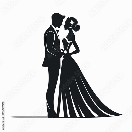 Silhouette of bride and groom in romantic pose, clean vector style, black and white, HD