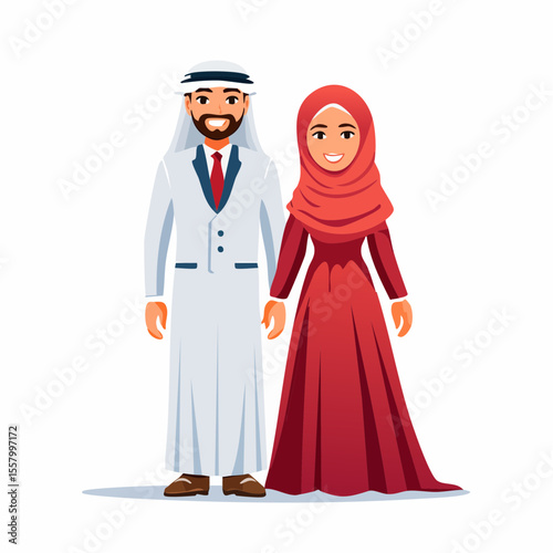 Traditional Muslim wedding couple in modest dress, front-facing vector, rich colors, PNG with transparent background