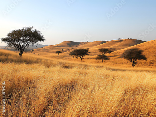 sunlit savanna hills with golden grass rippling in breeze, scattered trees and long afternoon shadows, warm dry tones
