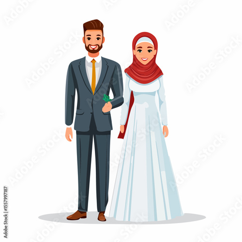 Traditional Muslim wedding couple in modest dress, front-facing vector, rich colors, PNG with transparent background