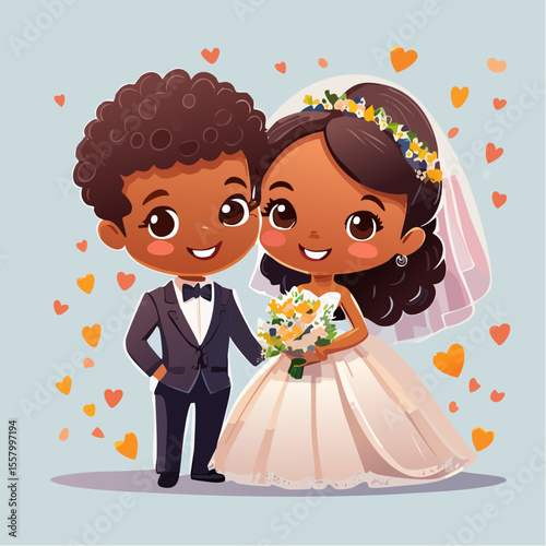 Cute chibi-style wedding couple smiling, holding bouquet, soft tones, HD vector with transparent background