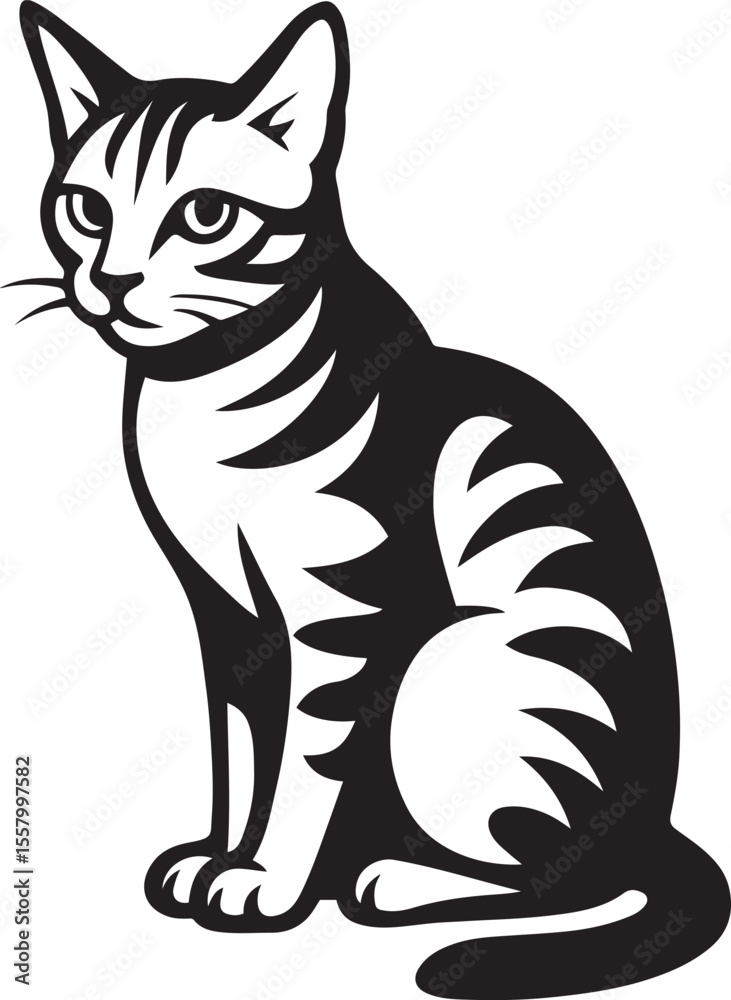 Fototapeta premium Sitting cat vector art black and white, Minimal cat silhouette in seated pose