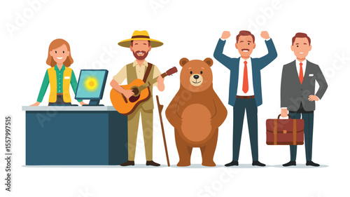 Cartoon Group Receptionist at Desk, Man with Guitar, Bear, Businessmen