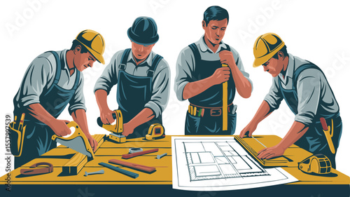 Cartoon Illustration Four Construction Workers Reviewing Blueprint, Sawing, Sanding and Measuring Wood