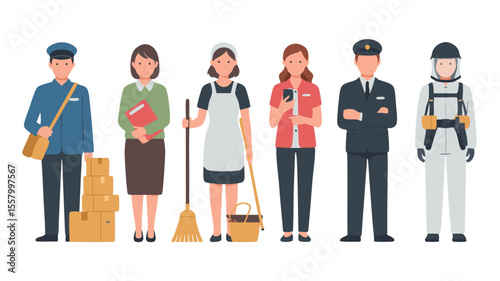 Cartoon Illustration of Diverse Service Workers Mail Carrier, Teacher, Maid, Hotel Employee, Security, Hazmat Suit