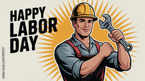Cartoon Labor Day Illustration Construction Worker with Hard Hat and Adjustable Wrench Against Sunburst Background