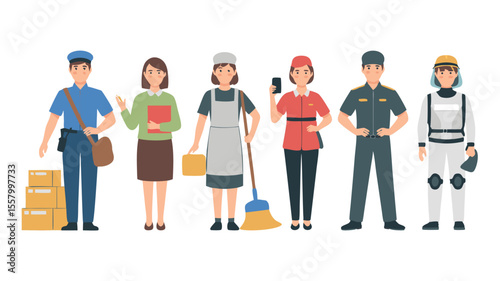 Diverse Group of Professionals Posing Mailman, Teacher, Maid, Hotel Worker, Security Guard, and Astronaut