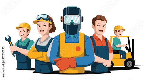 Diverse Team of Cartoon Construction Workers with Forklift, Welder, and General Laborers Illustration