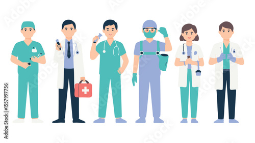 Diverse Team of Cartoon Medical Professionals, Doctors and Nurses with First Aid Kit Illustration