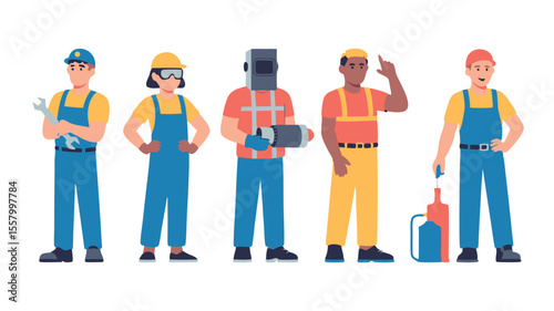 Diverse Team of Professionals in Workwear Mechanic, Welder, and Plumber Illustration